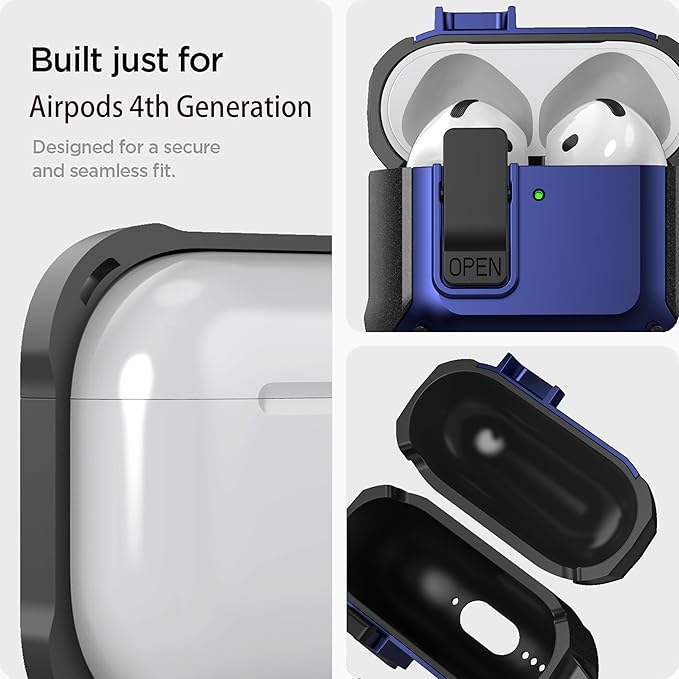 for Airpods 4 Case with Lock Clid, Rugged Apple Airpods 4th Generation Cover 2024 Men Women, Armor Shockproof iPod 4 Gen Protective Hard Shell with Carabiner&Cleaner kit, Black/Blue