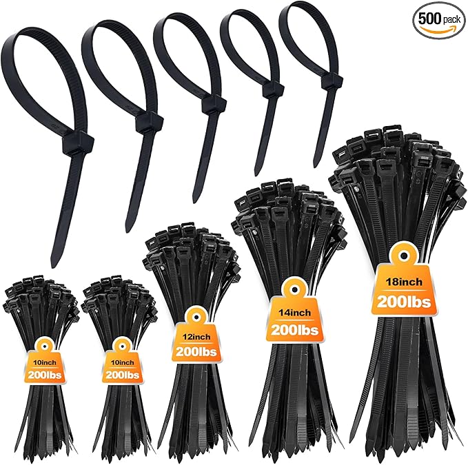 10''+12''+14''+18'' Zip Ties Assorted Sizes, 500 Pack 200 LBS Black Cable Ties - Heavy Duty Nylon Wire Ties, Self-Locking, UV Resistant for Indoor/Outdoor Us