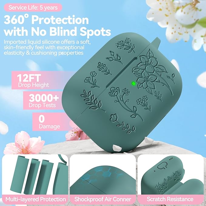 for Airpods Pro 3 Case, Flower Engraved Case Cover Compatible with AirPods Pro 3rd Generation 2025, Soft Silicone Cases with Cute Keychain & Cleaner for Women Girly, Shockproof