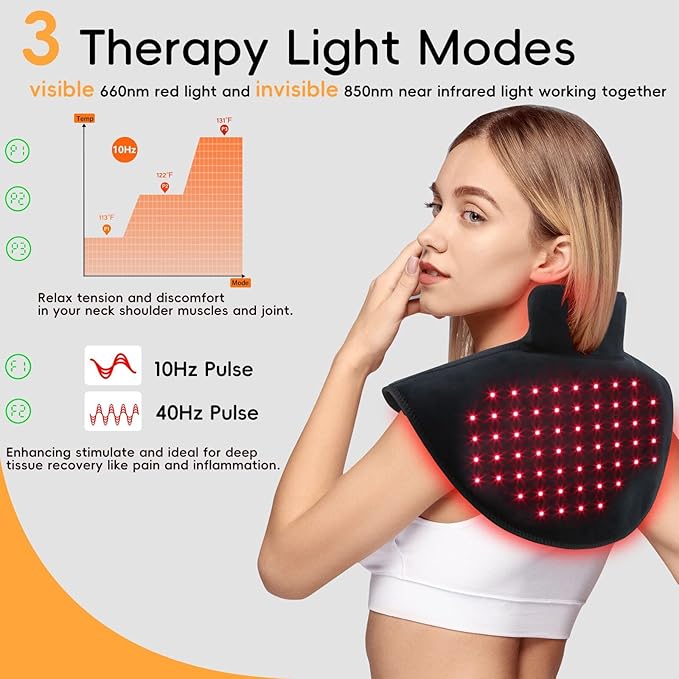 Cordless Infrared Red Light Therapy for Neck Shoulders Pain Relief, 5000mAh 850nm Near-Infra Device for Upper Back Body with Timer, 660nm Wearable Heating Pad for Women Men Elderly Relaxation