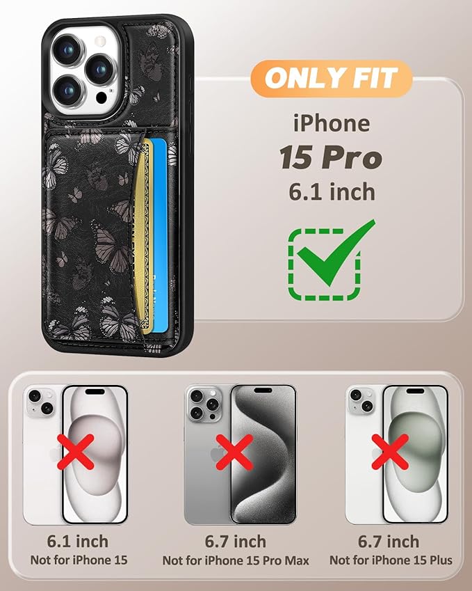 for iPhone 15 Pro Case with Wallet - Fits 4 Card Slots,Compatible with MagSafe for Women Aesthetic Durable PU Leather Credit Card Holder Kickstand Phone Cover for Apple 15 Pro, Black Butterfly