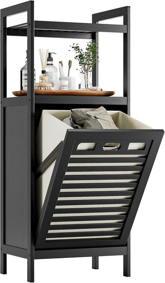 HITNET Tilt Out Laundry Hamper, Bamboo Bathroom Cabinet with Pull Out Removable Bag and 2 Tier Storage Shelves, 8.5 Gallon Clothes Basket with Metal Handle, Black
