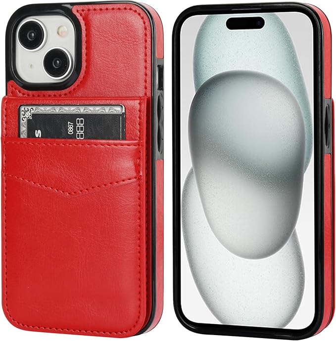 KIHUWEY Compatible with iPhone 15 Case Wallet with Credit Card Holder, Flip Premium Leather Magnetic Clasp Kickstand Heavy Duty Protective Cover for iPhone 15 6.1 Inch (Red)