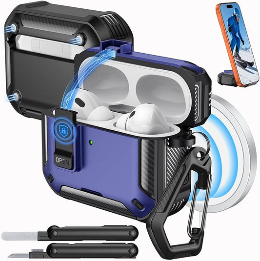 MoKo for AirPods Pro 3 Case with Lock 2025 - Compatible with MagSafe, Phone Stand & Auto Pop-up for AirPods Pro 3rd Generation Case, Military-Grade Protective Cover with Cleaner Kit, Black + Dark Blue