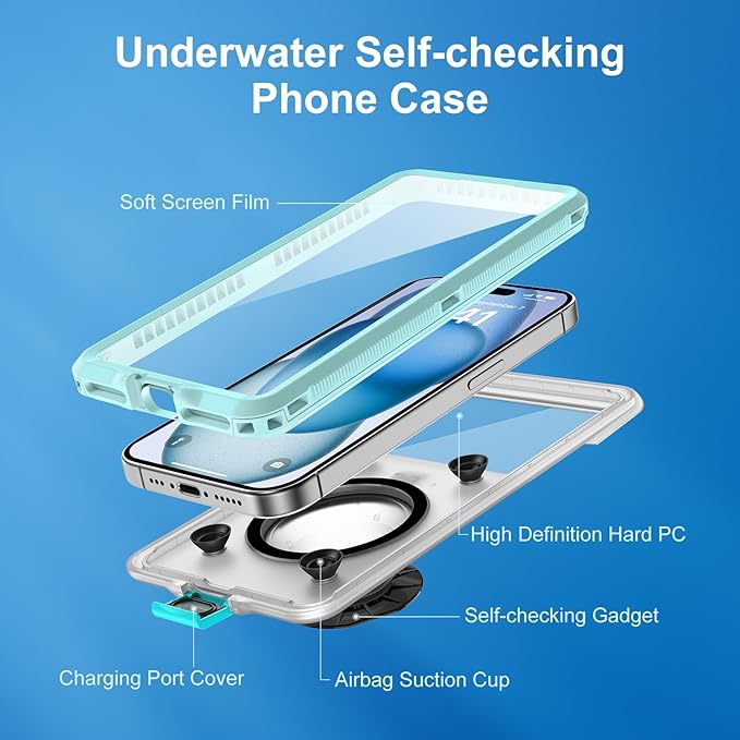 Beasyjoy Waterproof Phone Case, Underwater Snorkeling Diving Phone Case, Universal Self-Check Water Proof Pouch Dry Bag Up to 6.9 Inch for iPhone 16/15/14/13/12/11/Samsung S24/S23/Google - Green