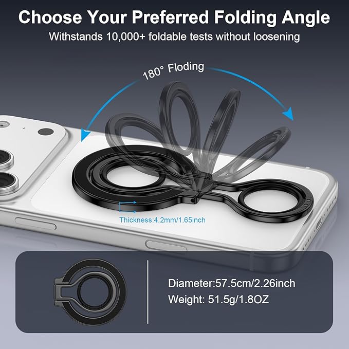Magnetic Phone Grip for MagSafe iPhone Grip Ring Stand Holder, Adjustable Ring for MagSafe Kickstand iPhone 17 16 Pro Max Finger Loop Stand with Silicone Finger Strap, Black