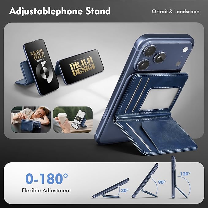 Antsturdy for Magsafe Wallet Stand with Holder,PU Leather RFID Blocking Card Holder,5 Card Slots,Strong Magnet Minimalist Flip Folio Kickstand for iPhone 17/16/15/14/13/12/Pro/Max/Plus/Air,Blue