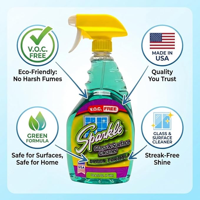 Sparkle Glass & Window Cleaner Spray, VOC-Free Eco Formula, Streak-Free Finish for Windows & Mirrors, 33.8 fl oz (Pack of 3)