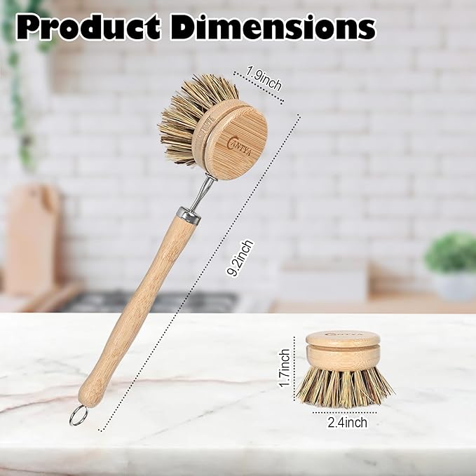 Bamboo Dish Scrubber 4 Replacement Heads, Natural Dish Scrub Brush Sustainable & Biodegradable, Bamboo Dish Brush with Handle for Cleaning Cast Iron Pan/Pot(Hard Bristles)