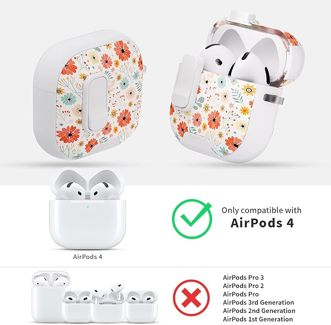 for AirPods 4 Case with Secure Lock Clip in Phone Stand,Floral Girly Style Protective Cover with Cleaning Kit and Hand Strap for Apple AirPod 4 Generation (Maple Leaf Petals)