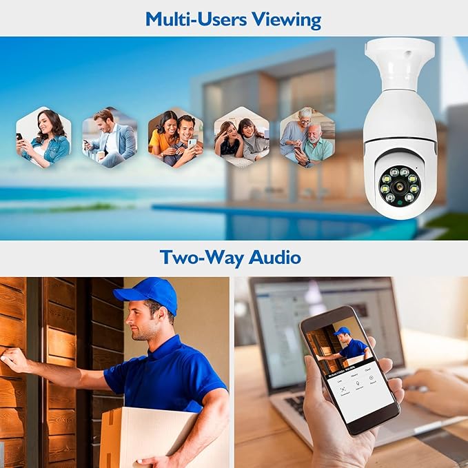 ASHATA E27 Light Bulb Security Camera, 2MP HD Smart Light Socket Dome Cameras, Motion Detection, 2 Way Audio, Works for Home/for Android/for iOS (Dual