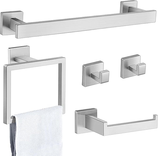 Herogo 5 Pieces Bathroom Accessories Set, Brushed Nickel 16 Inch Bathroom Hardware Bath Towel Bars Set for Wall Mounted, Including Stainless Steel Toilet Paper Holder, Hand Towel Racks, Hooks & Ring