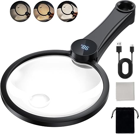 Magnifying Glass with Light, 10X 20X 45X Large Handheld Lighted Magnifier