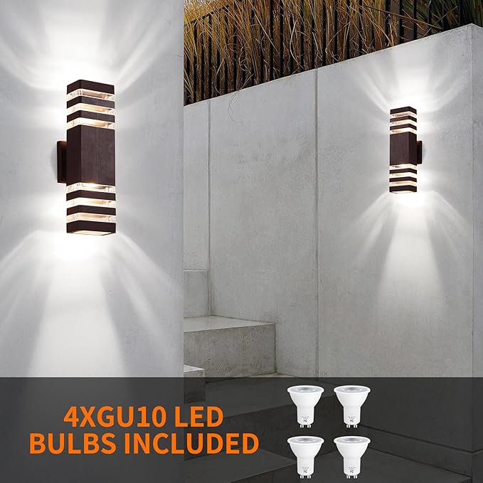 tewei 2 Pack Outdoor Wall Lights, Modern Exterior Light Fixture Wall Mount Brown Outdoor Lights for House, Waterproof Aluminum Up and Down Porch Lights Wall Sconces for Garage Patio, 3-Layer