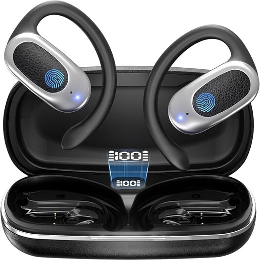 Open Ear Wireless Headphones Air Conduction Earbuds with Mic 42H Playtime Clear Calls LED Digital Display Over Earphones Lightweight Waterproof Secure Earhooks for PC Sports Running Game Business Work
