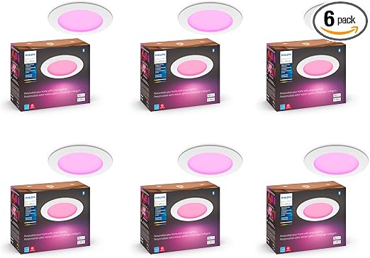 Philips Hue Smart Slim 6-Inch LED Recessed Light - White and Color Ambiance - 6 Pack - 1200LM - Indoor Ceiling - Control with Hue App - Works with Voice Assistants
