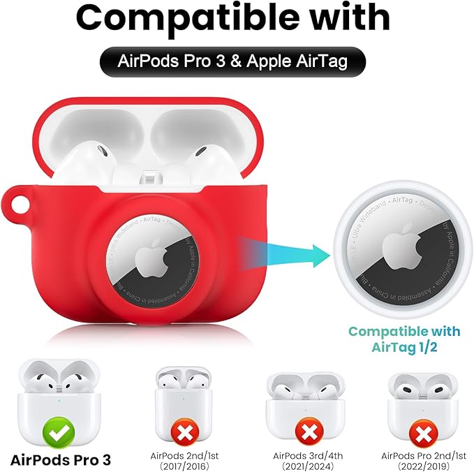 2 in 1 Silicone Case Compatible with AirPods Pro 3 and AirTag 2/1, Shockproof Protective Case Cover for AirPods Pro 3rd Generation 2025 with Cleaner Kit & Carabiner (Red)