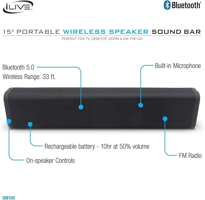 iLive Electronics 15 Inch Portable Wireless Speaker Sound Bar, Rechargeable Battery, Built in Microphone, Black (ISB150B)