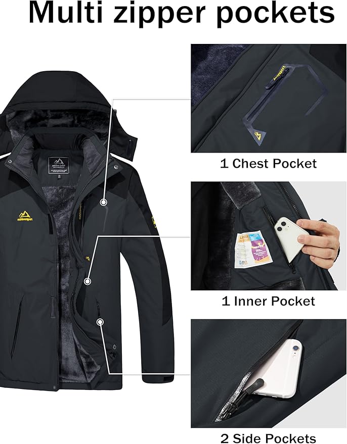 MAGCOMSEN Men's Winter Coats Water Resistant Ski Snow Jacket Warm Fleece Jacket Parka Raincoats With Hood Multi-Pockets