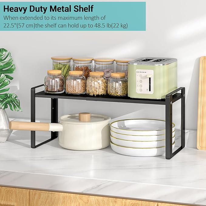 2 Pack Expandable Cabinet Organizer Shelves, Stackable Heavy Duty Metal Pantry Organizers, Adjustable Cabinet Shelf for Kitchen Counter, Cupboard, Pantry & Under Sink Space Saver, Black