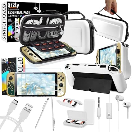 Orzly Accessory Bundle kit for Nintendo Switch Oled Accessories Essentials Pack Case and Screen Protector Comfort Grip Cover Headphones charger cable Games holder and more - Gift boxed OLED Edition