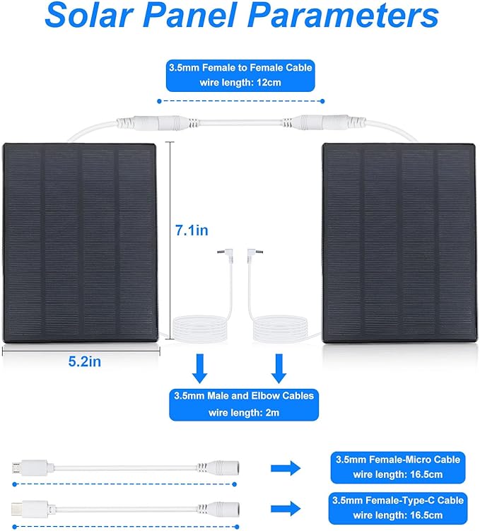 5V 3W Waterproof Solar Panel(2Pack) for Security Camera with 3.5MM Male and Elbow Cables & Type-C-Female Head & Micro-Female Head & Female to Female Cable, 360° Adjustable Wall Mount for Eufy Camera