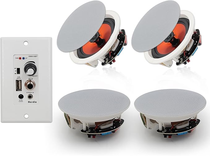 Herdio 6.5'' Bluetooth in Wall in Ceiling Speakers 600W 2-Way Flush Mount Speakers System with Wall Amplifier Receiver for Home Theater Office (2Pairs, Paintable-Grille)