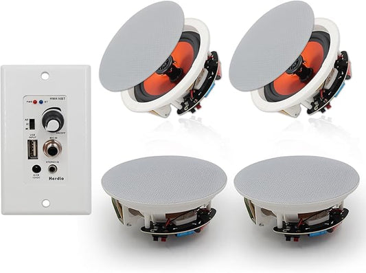 Herdio 6.5'' Bluetooth in Wall in Ceiling Speakers 600W 2-Way Flush Mount Speakers System with Wall Amplifier Receiver for Home Theater Office (2Pairs, Paintable-Grille)