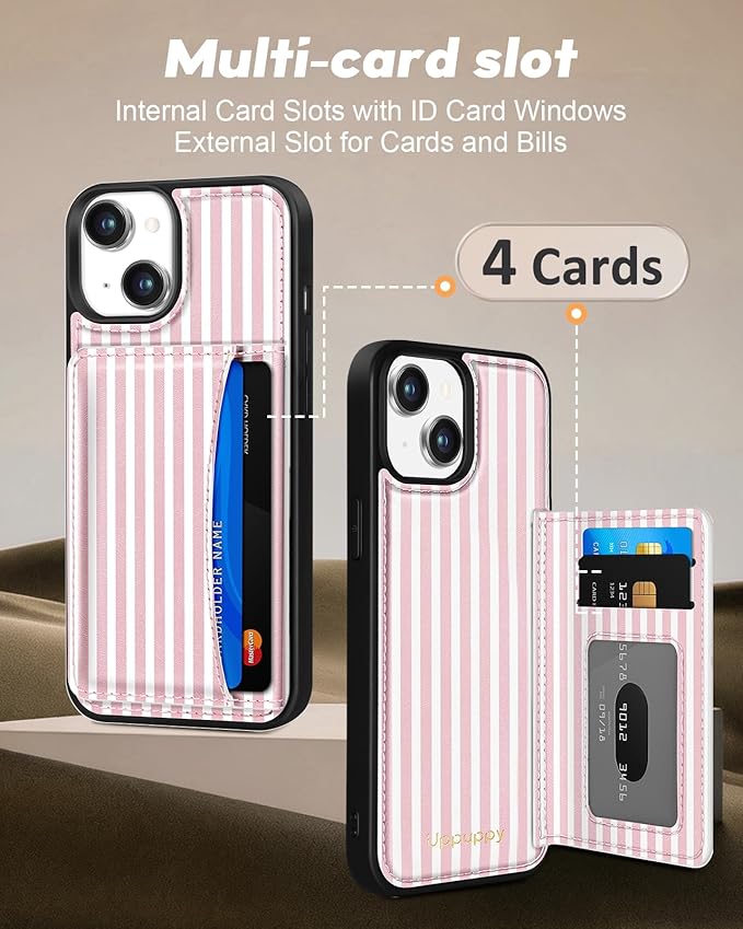 for iPhone 14 Plus Case with Wallet - Fits 4 Card Slots, Compatible with MagSafe for Women Aesthetic Durable PU Leather Credit Card Holder Kickstand Phone Cover for Apple 14 Plus, Stripe