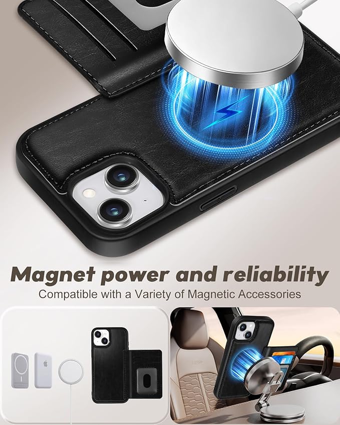 for iPhone 14/13 Case with Wallet - Fits 4 Card Slots, Compatible with MagSafe for Women Men Durable PU Leather Credit Card Holder Kickstand Phone Cover for Apple 14/13, Black