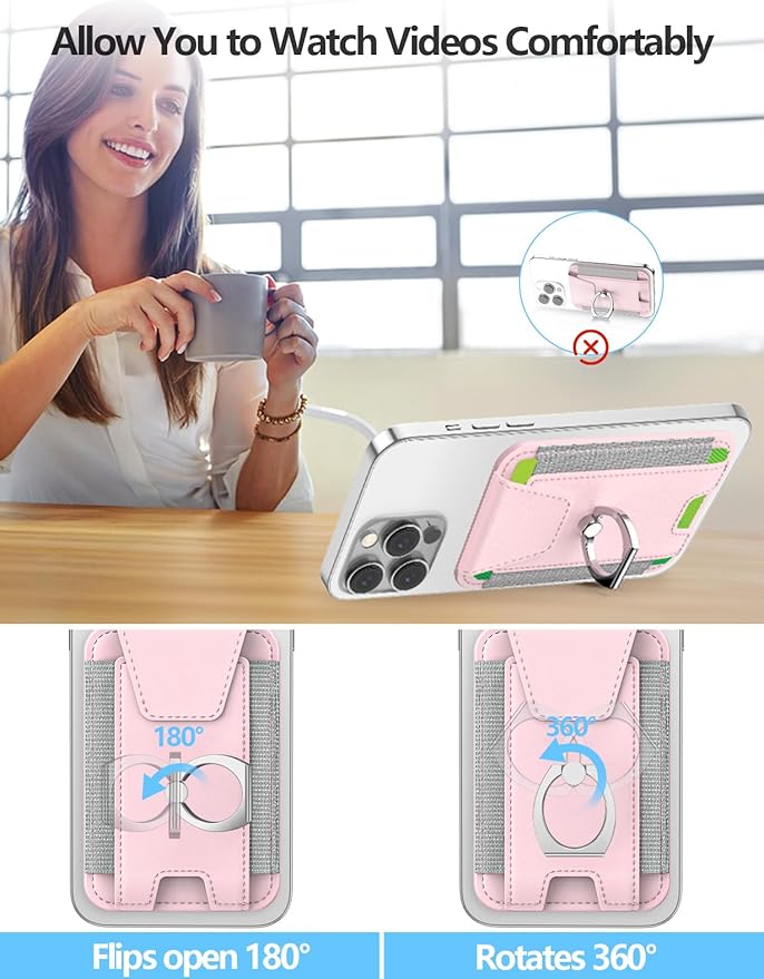 For Magsafe Wallet with Grip, 6-Card Holder, Stronger Magnetic Card Wallet Holder for iPhone 16/15, iPhone 14/13/12 Series, Leather Magnetic Phone Wallet with Privacy Flap, RFID Blocking, Pink