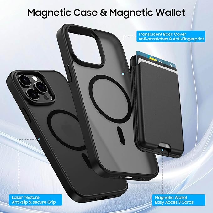 Magnetic for iPhone 15 Pro Max Case with Detachable Wallet, Compatible with MagSafe, Credit Card Holder with Slim Shockproof Protective Phone Cover, Black