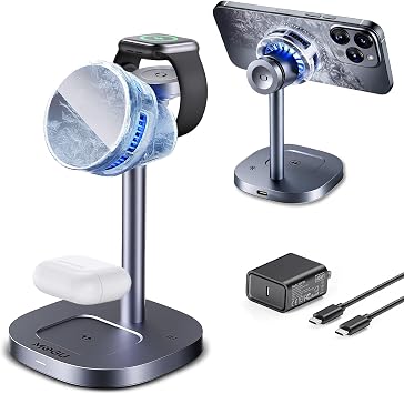 MOGU 3-in-1 Magnetic Wireless Charging Station with Active Cooling, 15W Fast Charger Stand Compatible with Mag-Safe Smartphone for iPhone 17–12 Series, Apple Watch & AirPods, Includes 45W Adapter - Image 2