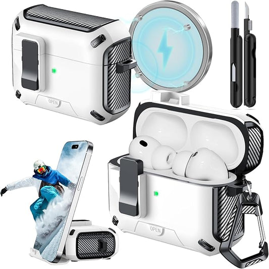for AirPods Pro 3 Case (2025) with Phone Stand,（with Automatic Snap Switch） Carbon Fiber Design Protection Cover with Cleaning Pen,White