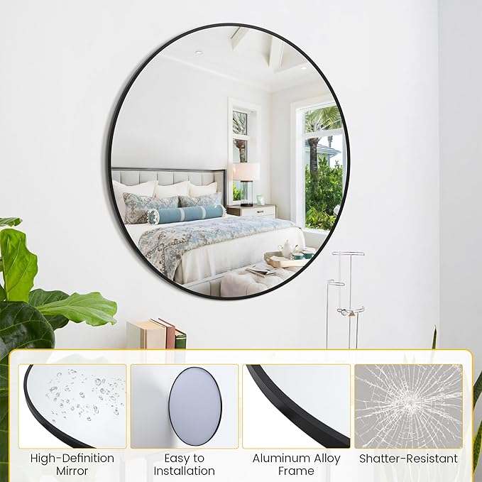 30 in Round Mirror for Wall, Black Metal Frame Circle Mirror, Round Bathroom Mirror for Wall Decor, Mirror for Entryway, Vanity, Bedroom, Easy to Install