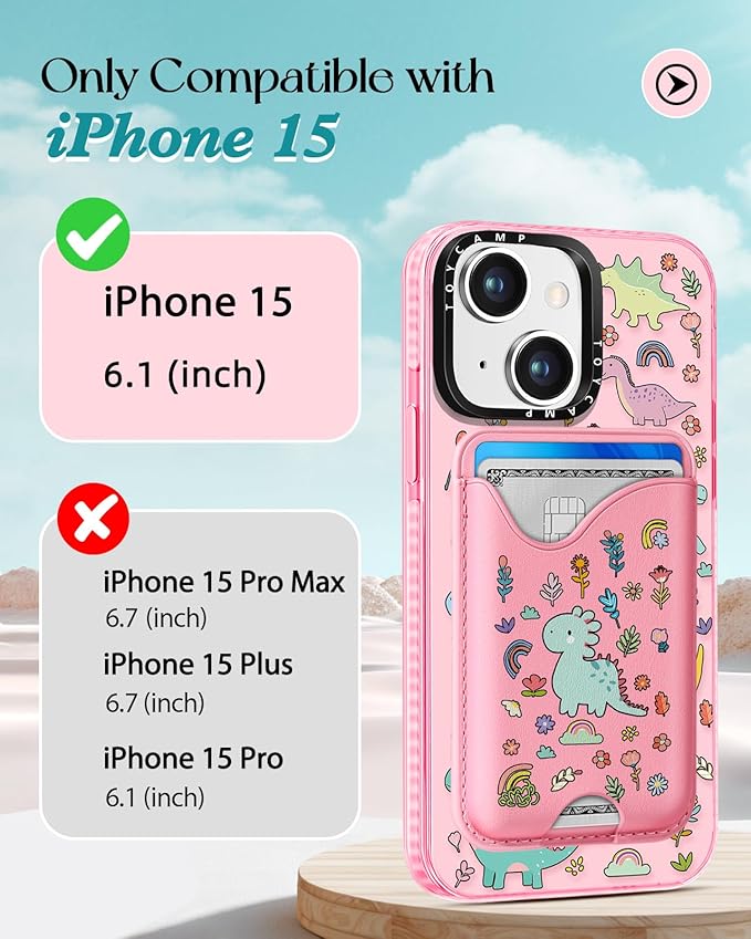 Toycamp for iPhone 15 Case - Compatible with Magsafe with Credit Card Holder Wallet Magnetic Cute Women Teen Girls Kawaii Girly Unique Animal Design Pretty Phone Cover for Apple 15 6.1"