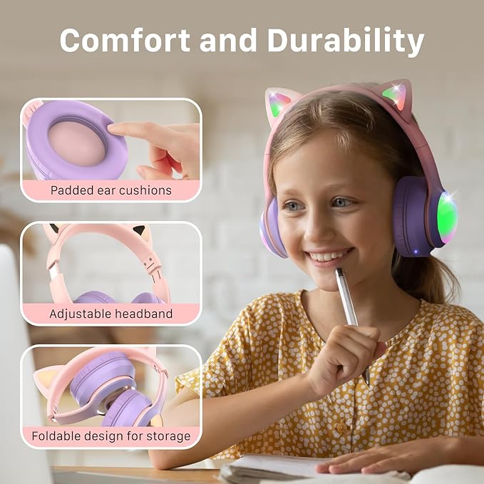 FosPower Kids Bluetooth 5.2 Headphones with LED Cat Ears (85/94dB Safe Volume Limit) Foldable Wireless or Wired Headset with 100hr Play Time and 3.5mm Cable for School/Travel - Light Pink/Light Purple