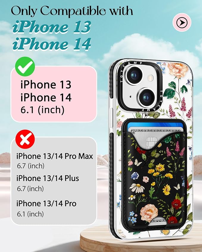 Toycamp for iPhone 14 Case, for iPhone 13 Case - Compatible with Magsafe Credit Card Holder Wallet Magnetic Cute Women Teen Girls Kawaii Girly Unique Flower Floral Design Phone Cover for iPhone 14/13
