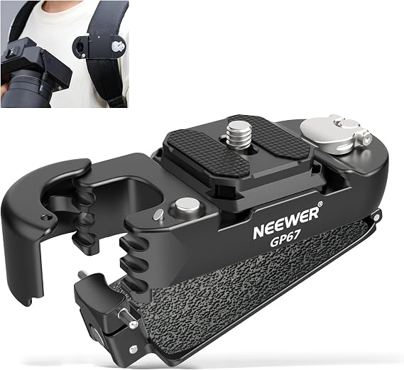 NEEWER Backpack Camera Clip Mount with Square QR Plate, Upgraded Safety Latch, Quick Release Camera Belt Clip Backpack Strap Compatible with PD QR System Canon Nikon Sony DSLRs, GP67