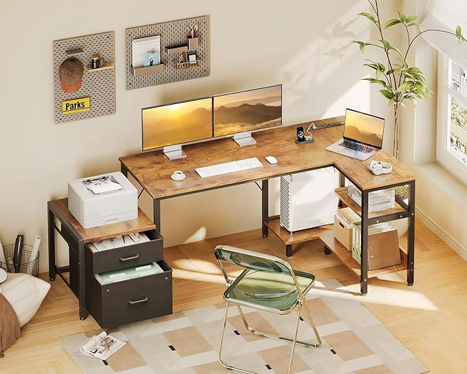 Casaottima L Shaped Desk with Drawers & File Cabinet, 63 Inch Computer Desk with Storage Shelves & CPU Stand, Corner Desk with Power Outlets, Reversible L Desk for Home Office, Rustic Brown