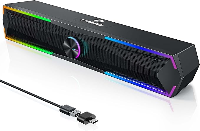 Pc Speakers Computer Sound Bar with Stereo Sound, Flowing LED & Push-Button Control Computer Speaker for Desktop Laptop Monitor, USB Input