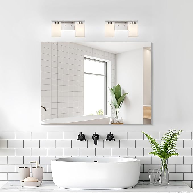 Edvivi Bathroom Light Fixtures, 2-Light Modern Brushed Nickel Vanity Light Over Mirror, Wall Sconces with Square White Glass Shades for Living Room, Bedroom, Hallway, E26 Base