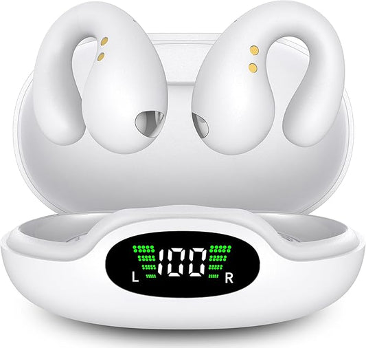 Open Ear Earbuds Wireless Bluetooth 5.3, Flexible Clip On Ear Buds with 50H Playtime LED Display Bone Conduction Headphones, IPX7 Waterproof Light Weight Earbuds Fit for Every Ear (White)
