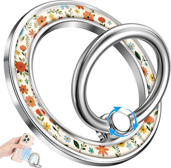 Magnetic Phone Ring Holder Compatible with MagSafe - Cell Phone Grip Magnet Removable Finger Ring Grip Stand Cute Kawaii Design for iPhone 17 Pro Max 16 15 14 13 12 Series Color Little Floral