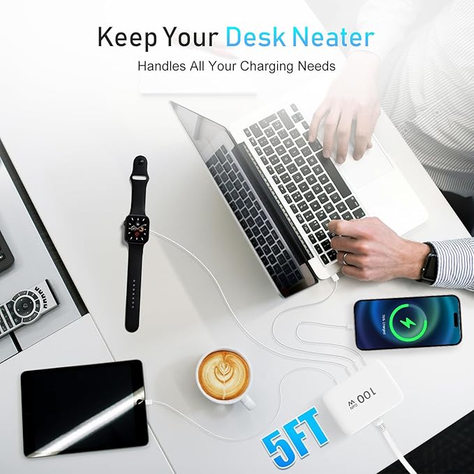 USB C Fast Charger-100W GaN 6 Port Type Charging Station Hub Block Cube, Wall Charger Power Strip Adapter Plug for iPad iPhone 17/17 Plus/17 Pro Max/16 15 14 13 12 Pro Max Pixel Note Galaxy, 5ft Cord