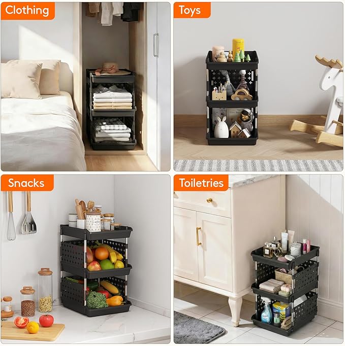 Lifewit Plastic Stackable Storage Baskets, 3 Tier Stacking Bins for Food and Clothes, Multifunctional Organizer for RV, Kitchen, Playroom, Pantry, Black, 35 x 30 x 50 cm/14 x 12 x 20 inch, 1 Pack
