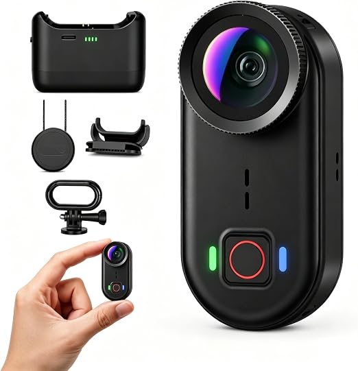 4K Mini Body Action Cameras POV Body Cam, 64GB Sports Camera with Audio Video Recording, Portable WiFi Magnetic Wearable Waterproof Thumb Camera for Motorcycle Vlogging Skiing Cycling Hiking-Black