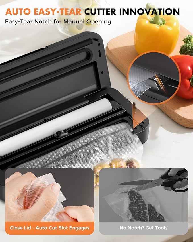 Vacuum Sealer for Food, 95kPa Food Vacuum Saver Sealer Machine, 135W 12L/min Fast-Sealing with Auto Tear-Cut,Digital Timer, Built-in Cutter, Bag Storage and One Bag Roll, 9-in-1 Compact Vacuum Sealer