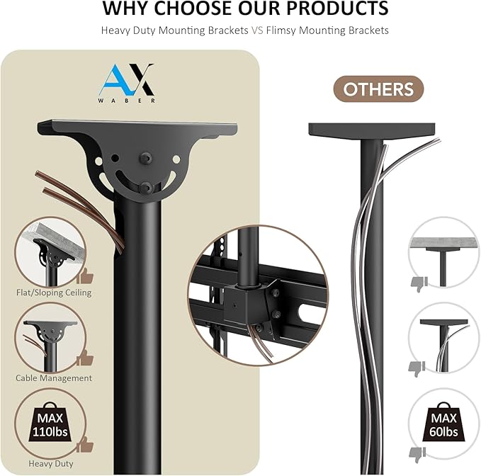 AX WABER Ceiling TV Mount Adjustable Bracket for 26-65 inch LCD LED OLED 4K TVs, Pole Ceiling Mount Holds up to 110lbs,Hanging tv Mount Max VESA 400x400mm (AX11TB01), Black