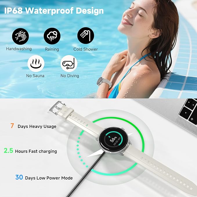 Smart Watches for Women Men 1.27" HD Fitness Tracker with Heart Rate/Sleep/Step/SpO2 Monitor, IP68 Waterproof Watch for Android iOS (Off White)